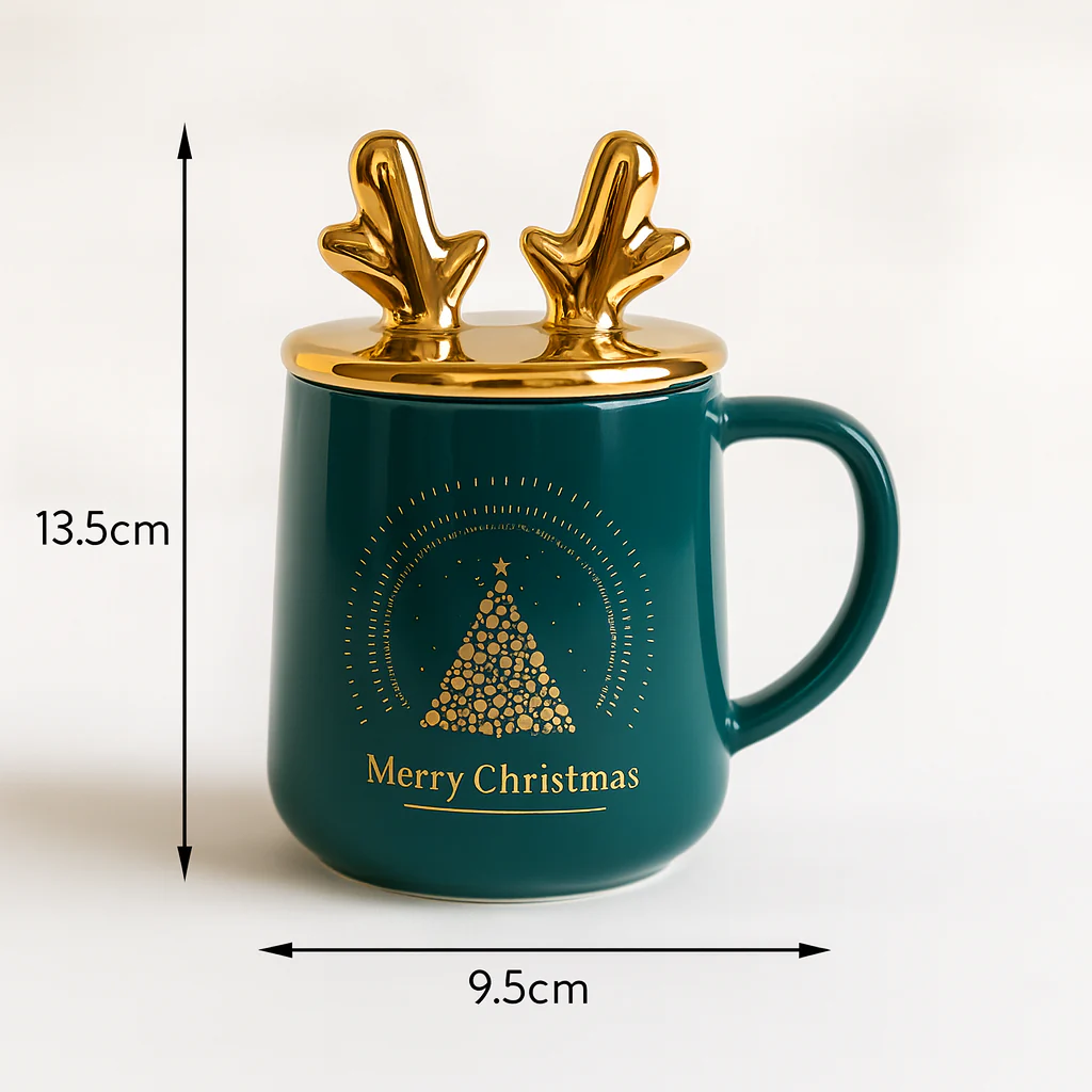 Merry Christmas Ceramic Mug with Golden Reindeer Lid & Santa Spoon – Festive Gift (400 ml) - Image 5