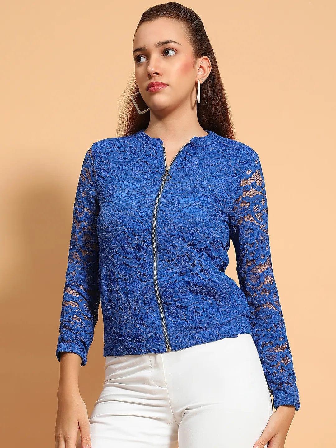 Mesmeric Blue Round Neck Long Sleeve Zip Lined Lace Detail Women Winter Wear Jacket