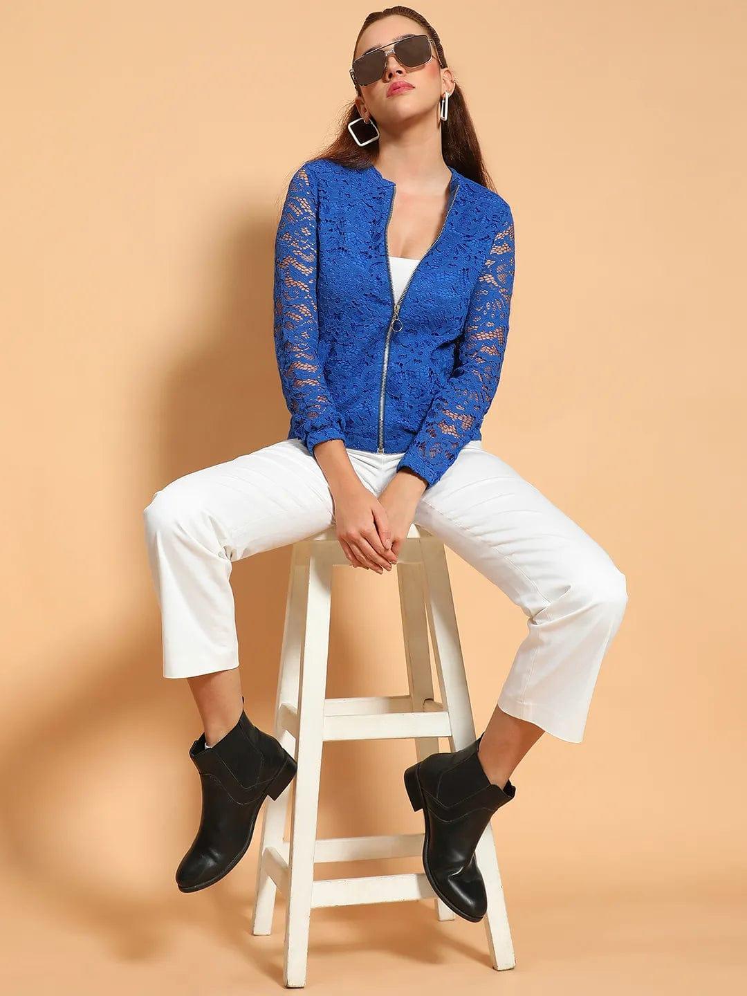Mesmeric Blue Round Neck Long Sleeve Zip Lined Lace Detail Women Winter Wear Jacket - Image 7