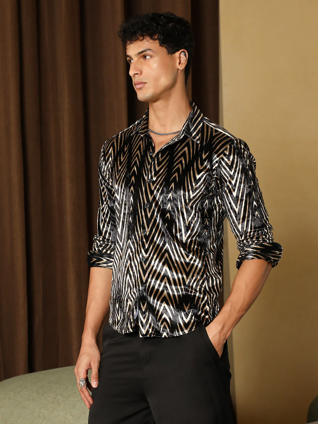 Metallic-Chevron Imprint Velvet Shirt - Image 3