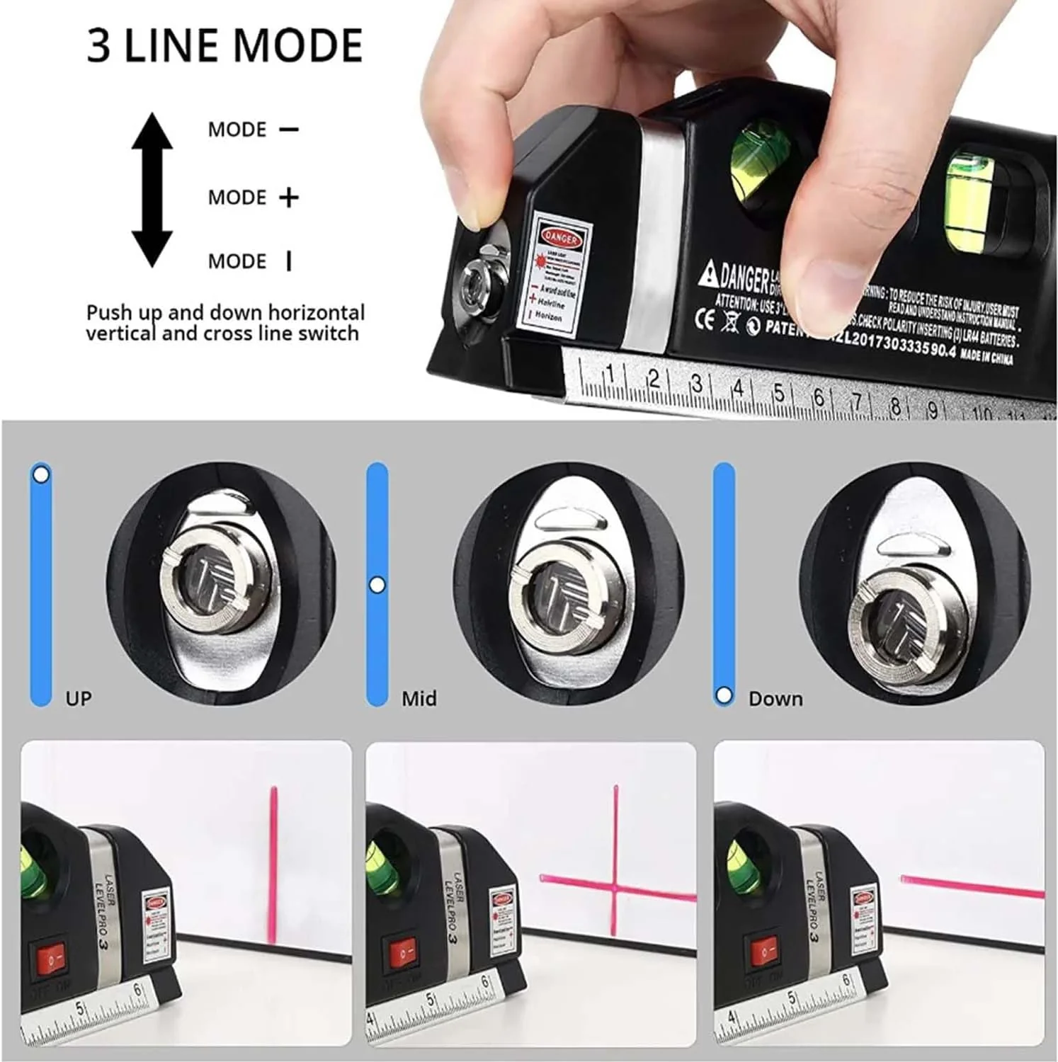 Metrix: 4-in-1 Multipurpose Laser Spirit Level with 8ft Measuring Tape, Built-in Bubble Level, Metric & Imperial Ruler for Picture Hanging & DIY Projects - Image 3