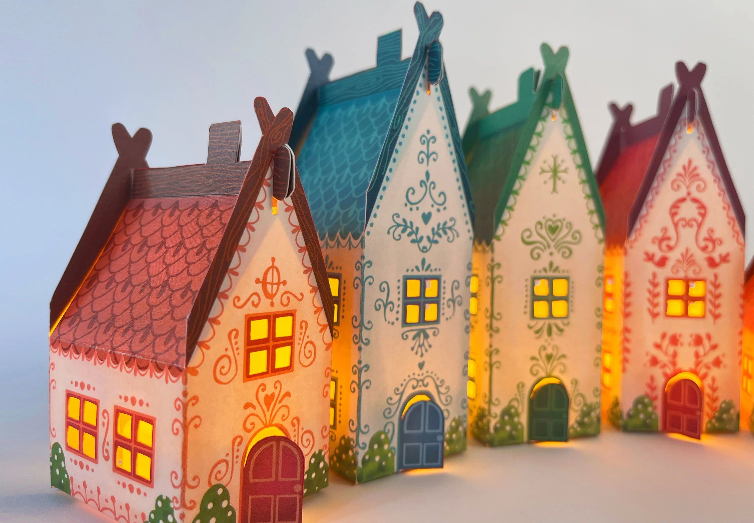 Mini Christmas Village: Set of 6 House Tea Light Holders with Electric Tea Lights - Image 2