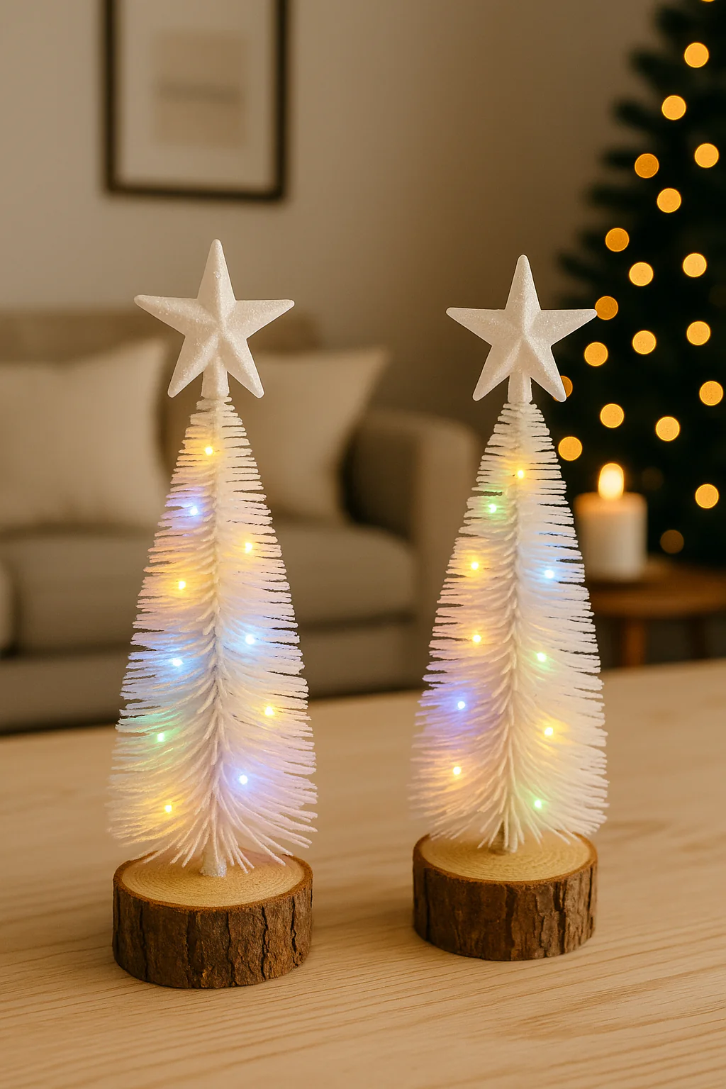 Mini White LED Christmas Tree with Wooden Base Set of 2 - Image 2