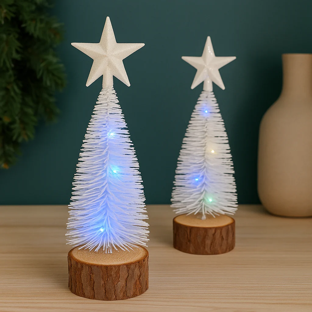 Mini White LED Christmas Tree with Wooden Base Set of 2 - Image 3