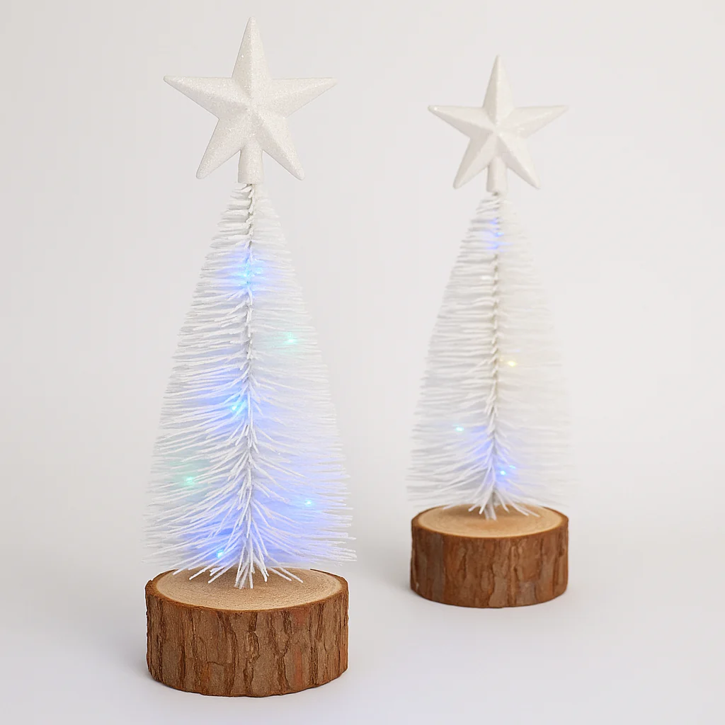 Mini White LED Christmas Tree with Wooden Base Set of 2 - Image 6