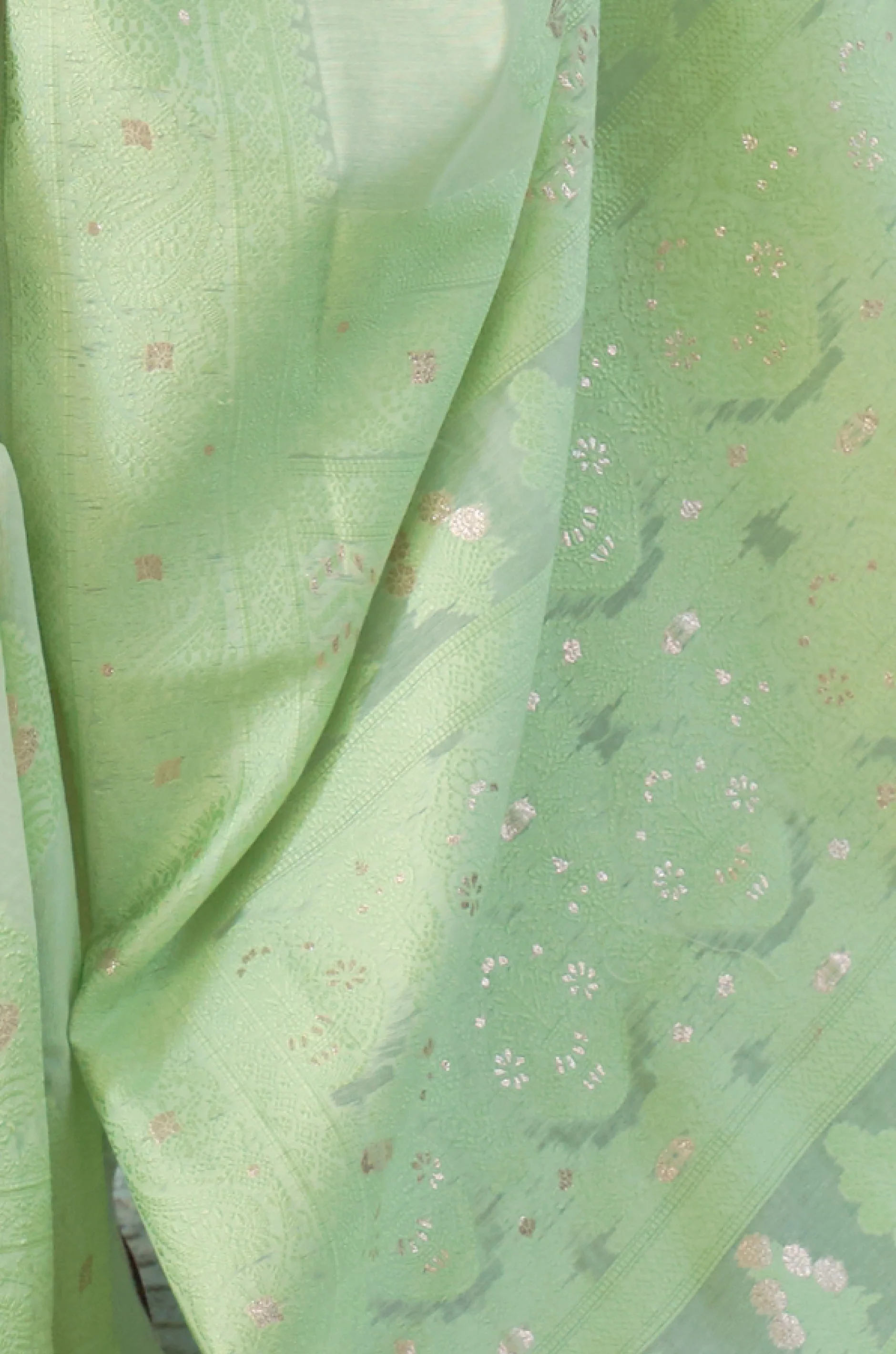 Mint Green Woven Chikankari Banarasi Saree - Image 2