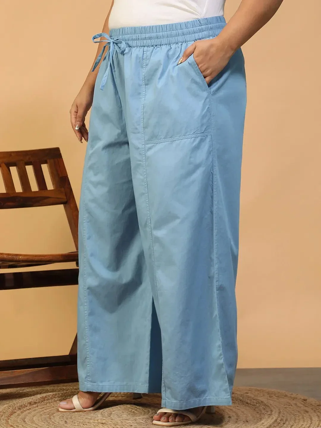Mist Blue Elasticated With Tie-Up Detail Plus Size Women Long Cotton Pant - Image 3