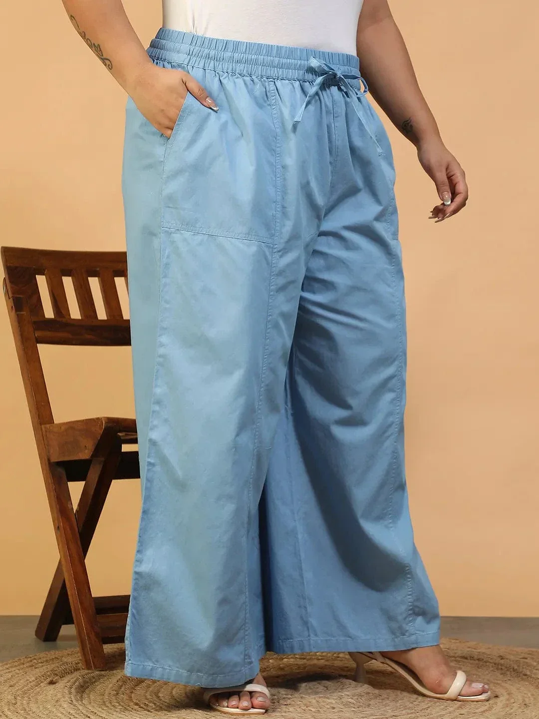 Mist Blue Elasticated With Tie-Up Detail Plus Size Women Long Cotton Pant - Image 4