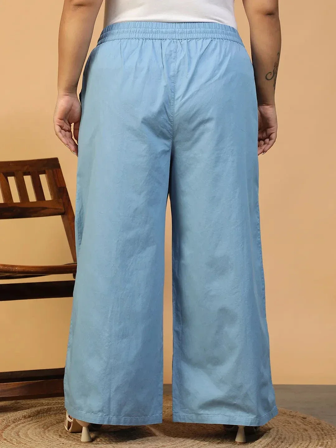 Mist Blue Elasticated With Tie-Up Detail Plus Size Women Long Cotton Pant - Image 5