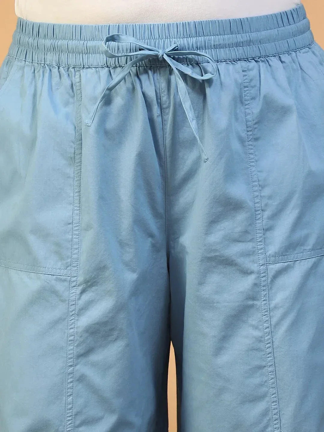 Mist Blue Elasticated With Tie-Up Detail Plus Size Women Long Cotton Pant - Image 6