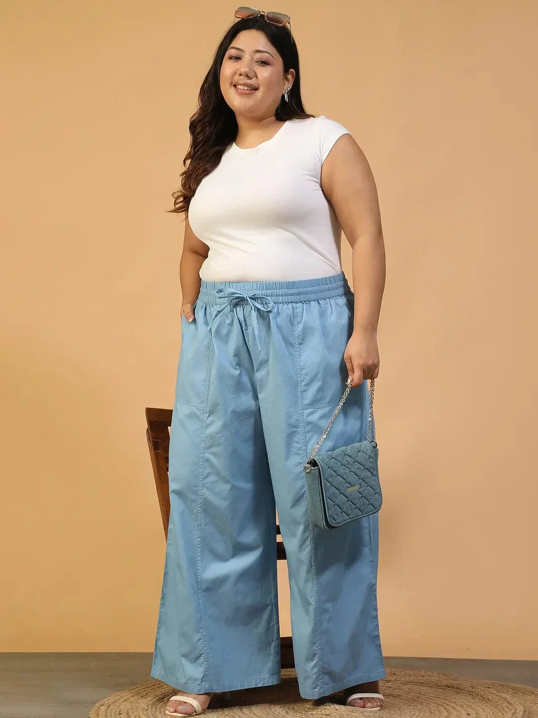 Mist Blue Elasticated With Tie-Up Detail Plus Size Women Long Cotton Pant - Image 7