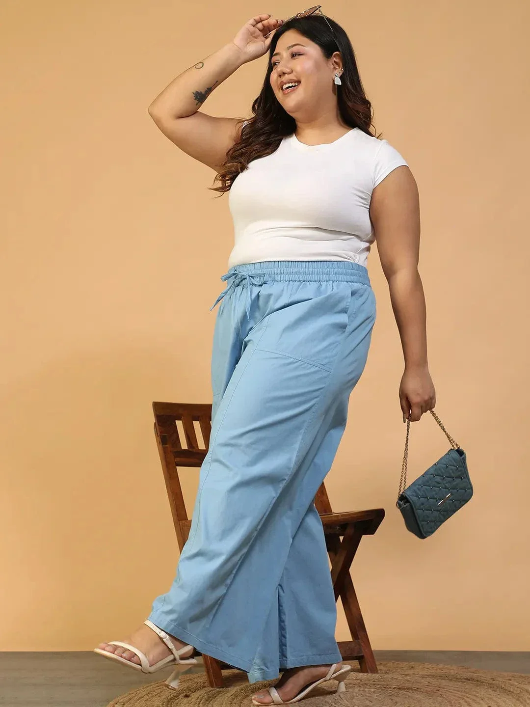 Mist Blue Elasticated With Tie-Up Detail Plus Size Women Long Cotton Pant - Image 8