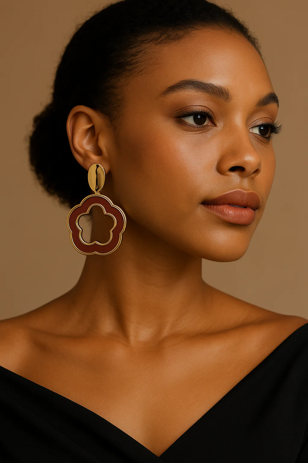 Modern Brown & Gold Flower-Shaped Drop Earrings - Image 3