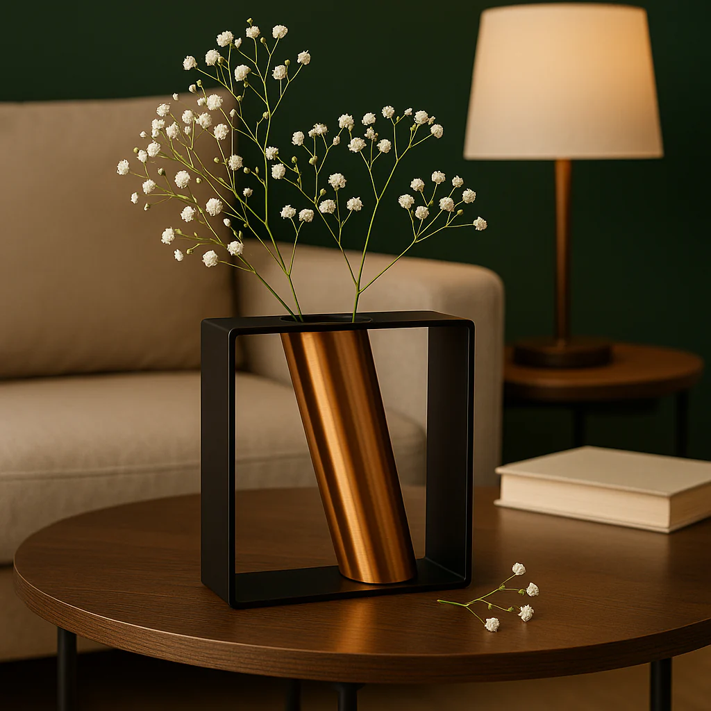 Modern Metal Frame Flower Vase with Golden Tube | Tabletop Decorative Centerpiece for Dining Table, Living Room & Office | (15 x 17 x 6 cm) - Image 3