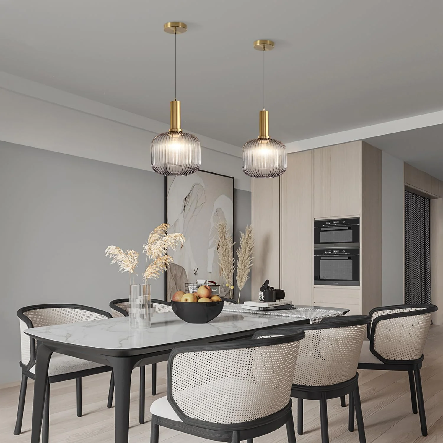 Modern Ribbed Glass Pendant Light with Gold Finish – Hanging Ceiling Lamp for Kitchen Island, Dining, Bedroom & Living Room - Image 2
