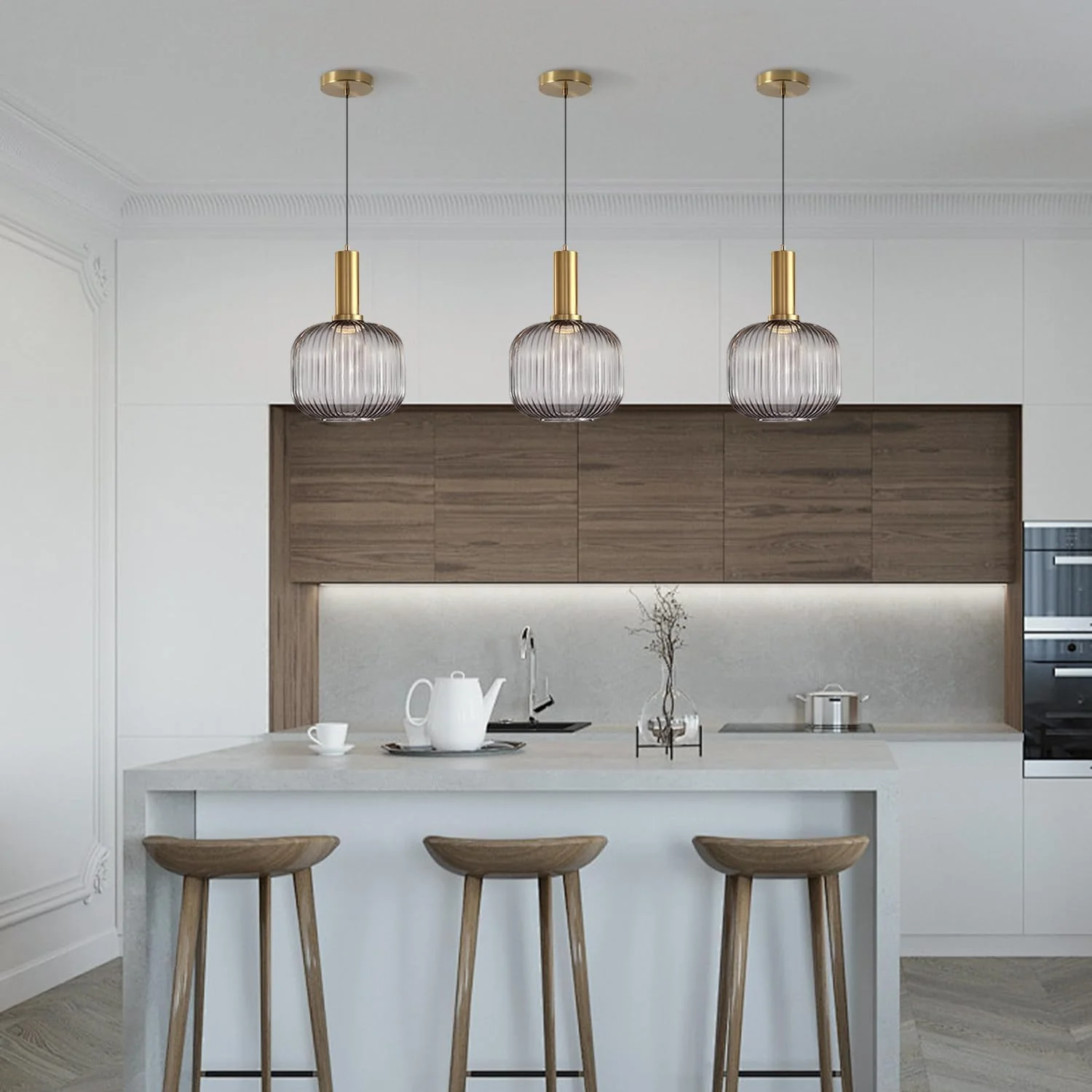Modern Ribbed Glass Pendant Light with Gold Finish – Hanging Ceiling Lamp for Kitchen Island, Dining, Bedroom & Living Room - Image 3