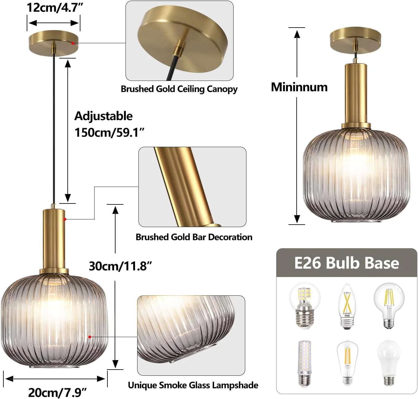 Modern Ribbed Glass Pendant Light with Gold Finish – Hanging Ceiling Lamp for Kitchen Island, Dining, Bedroom & Living Room - Image 5