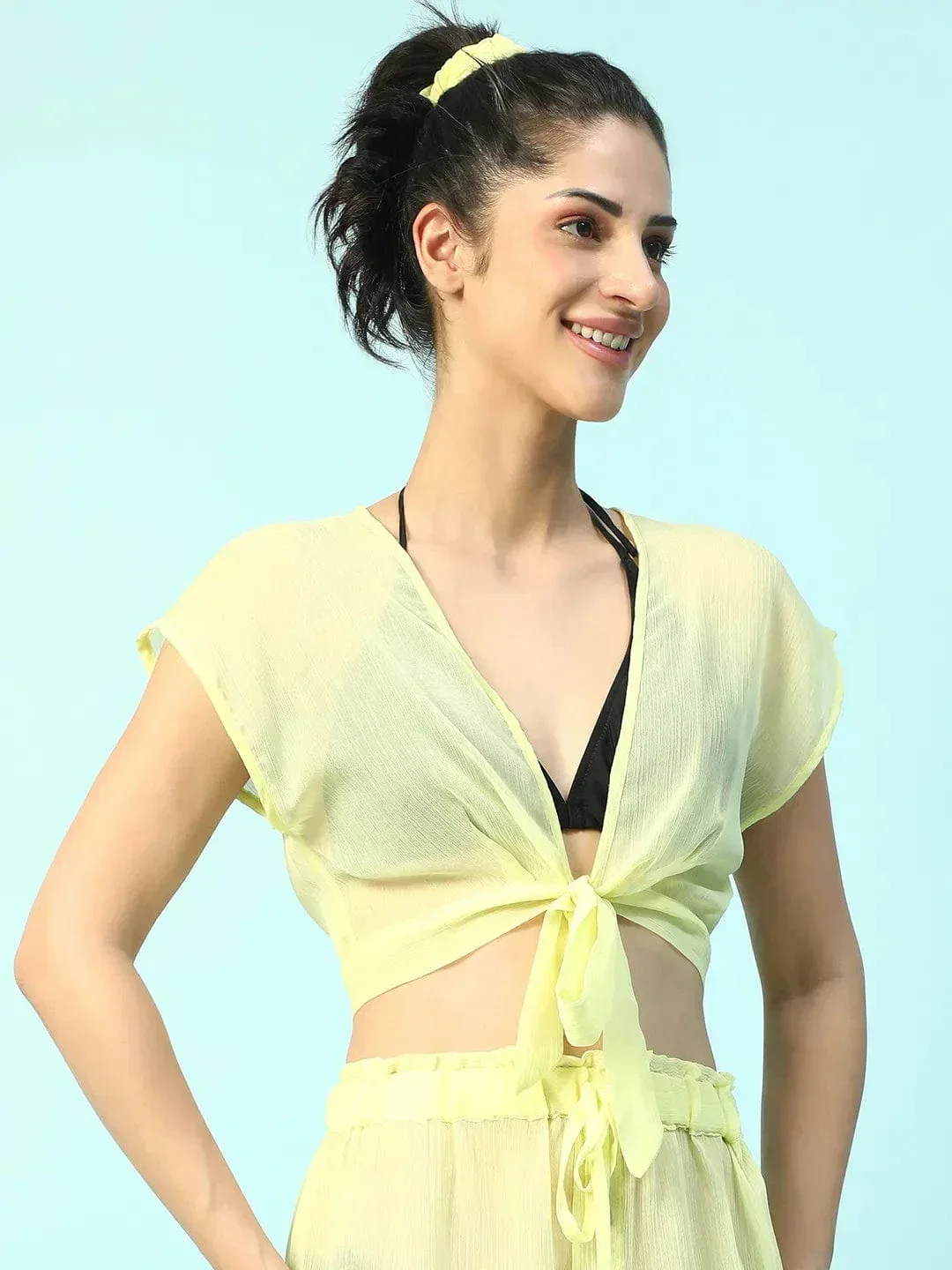 Moody Solid Yellow Short Sleeve Tie-Up Knot Detail Women Beachwear Crop Top - Image 4
