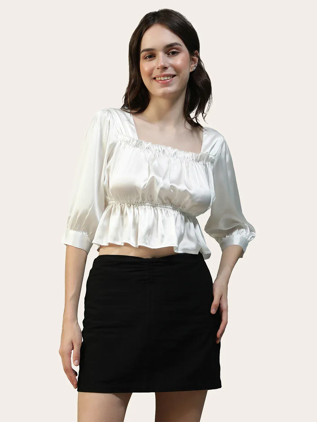 Moonstone White Square Neck 3/4 Sleeve Satin Women Top