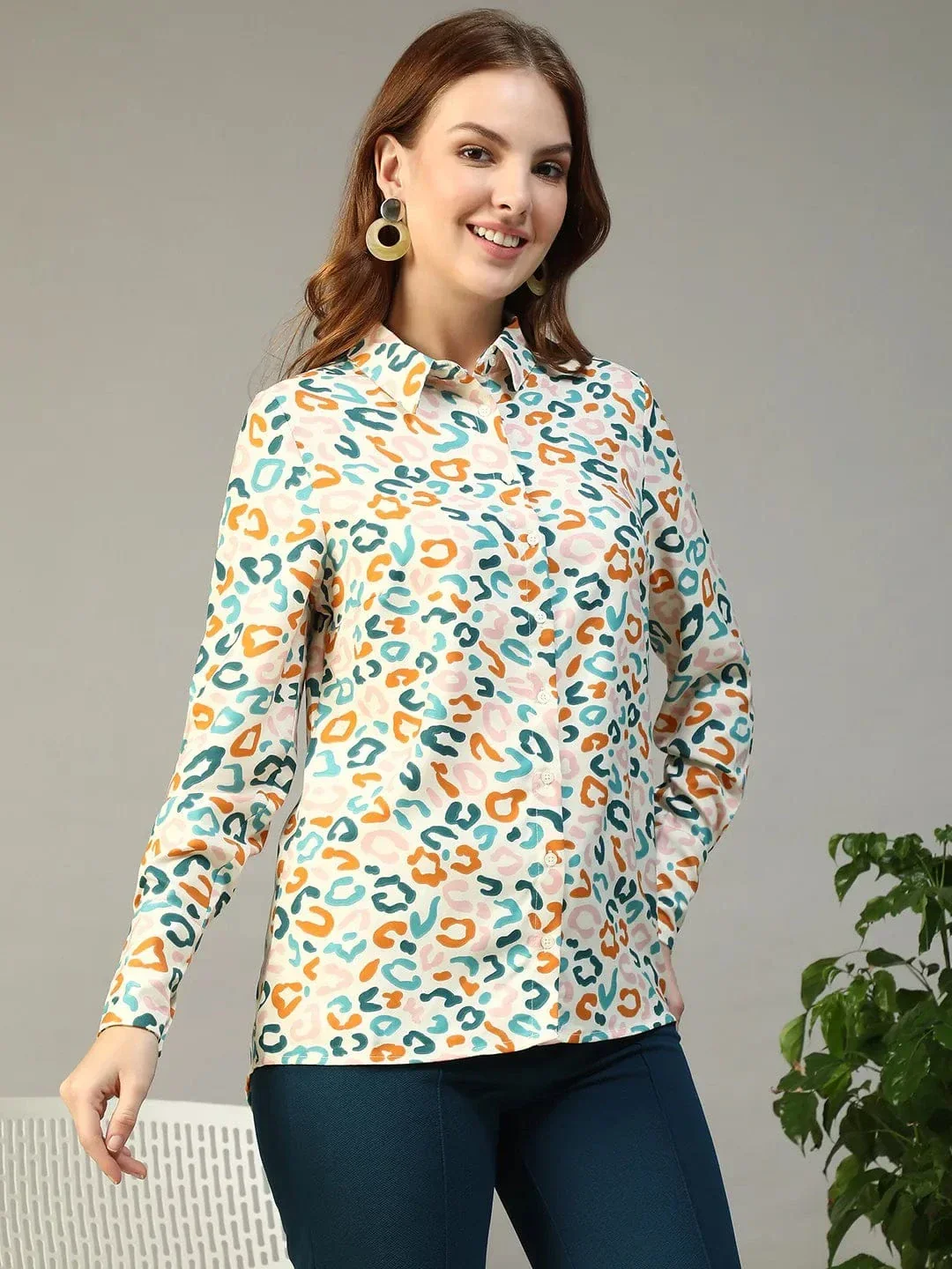 Multicolor Abstract Print Shirt - Women's Button Down Collared Long Sleeve Blouse - Image 4