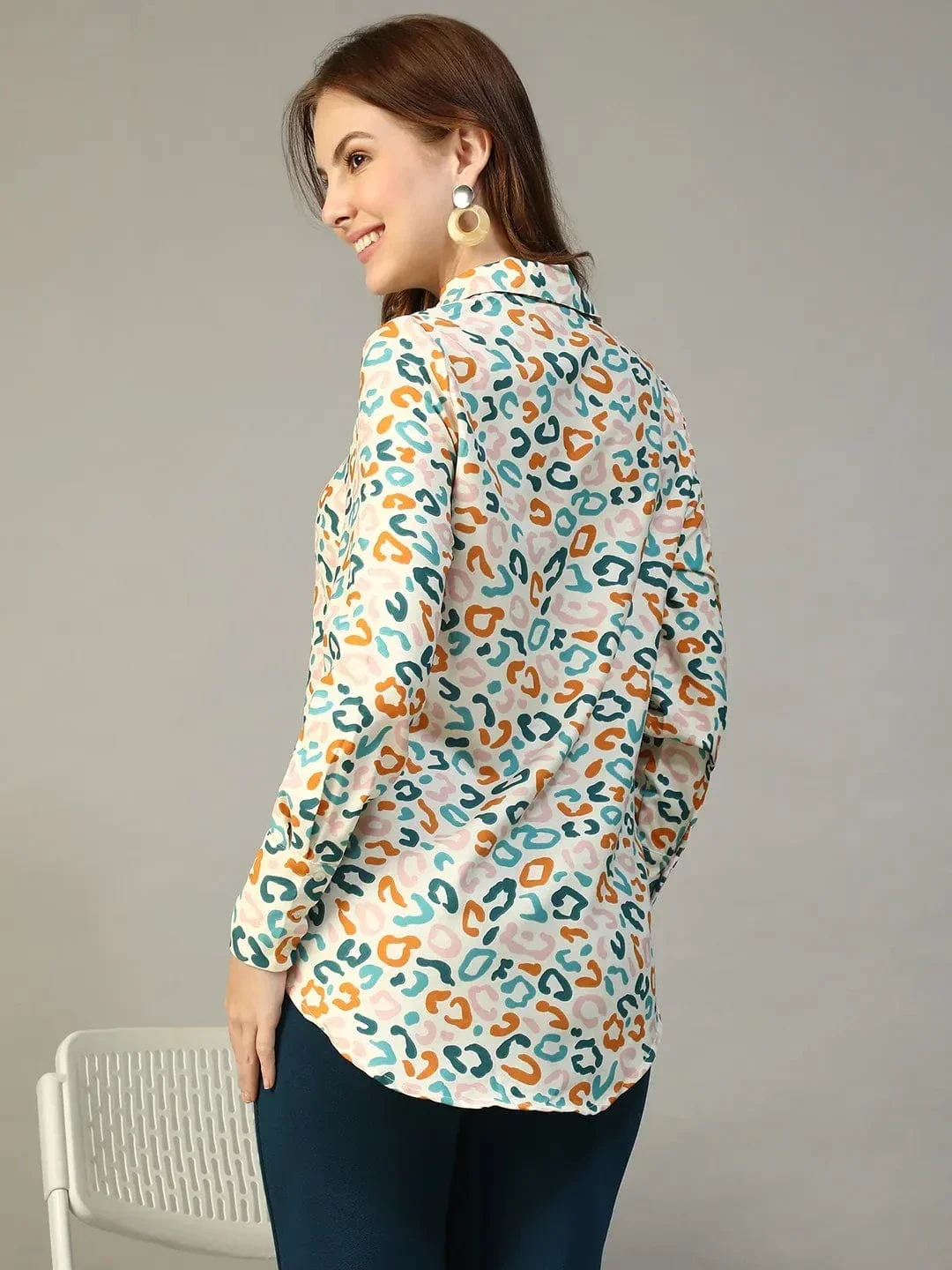 Multicolor Abstract Print Shirt - Women's Button Down Collared Long Sleeve Blouse - Image 5