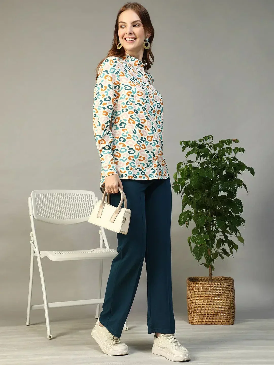 Multicolor Abstract Print Shirt - Women's Button Down Collared Long Sleeve Blouse - Image 7