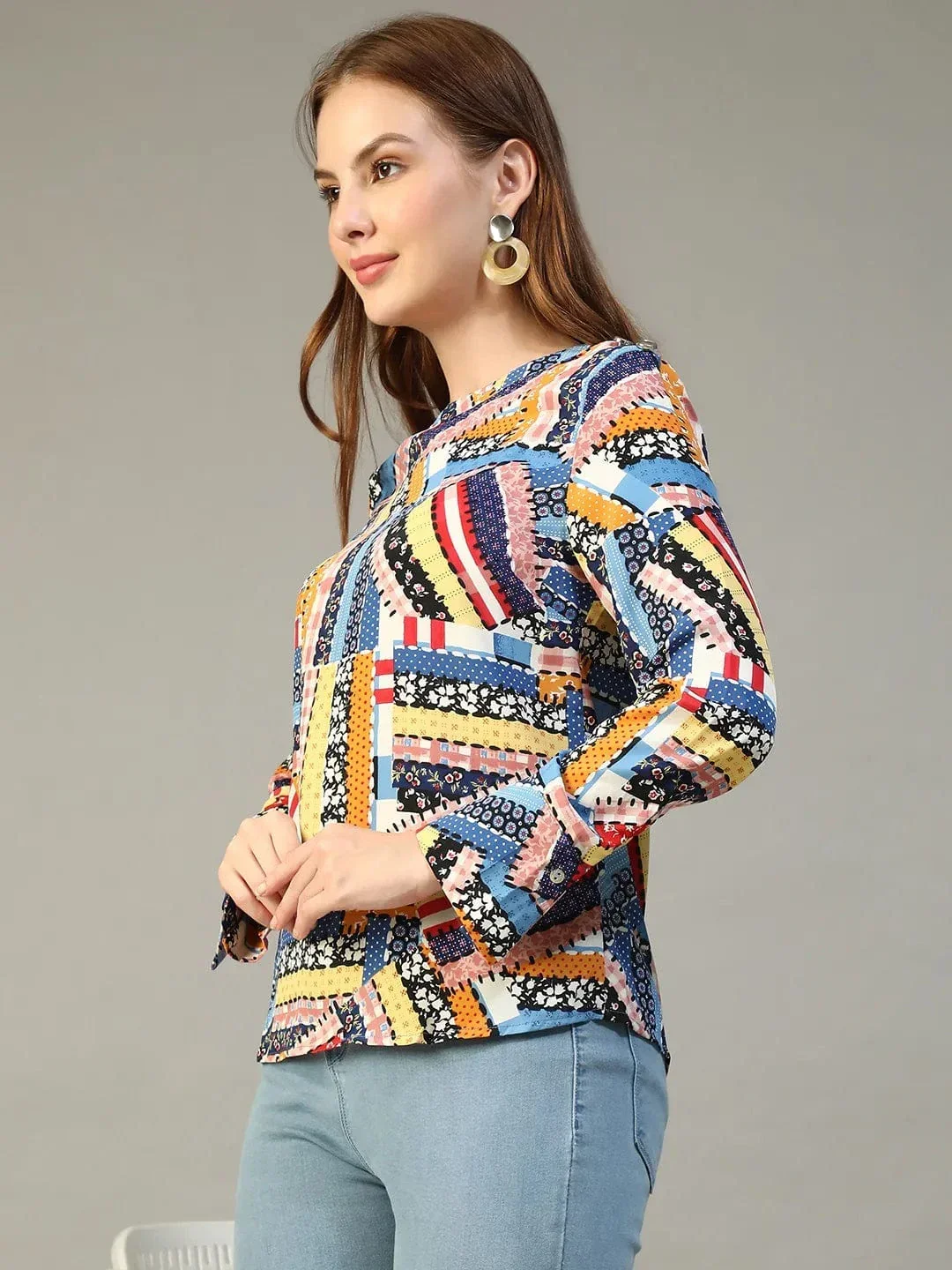 Multicolor Abstract Print Top - Women's Long Sleeve Round Neck Blouse, Lightweight Polyester - Image 3