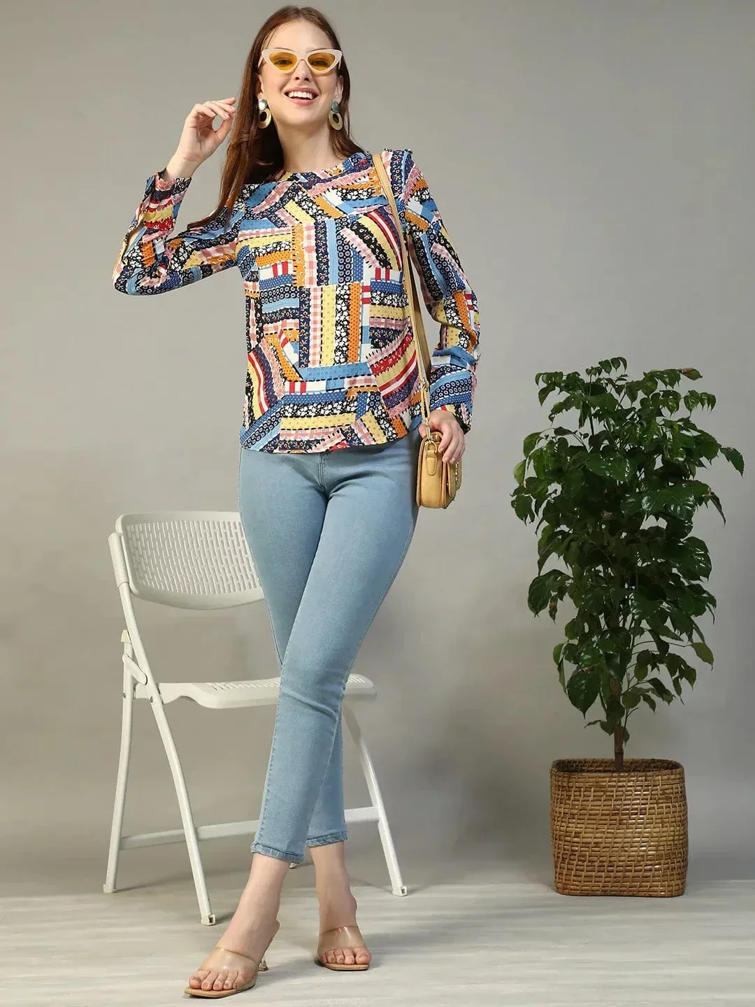 Multicolor Abstract Print Top - Women's Long Sleeve Round Neck Blouse, Lightweight Polyester - Image 8