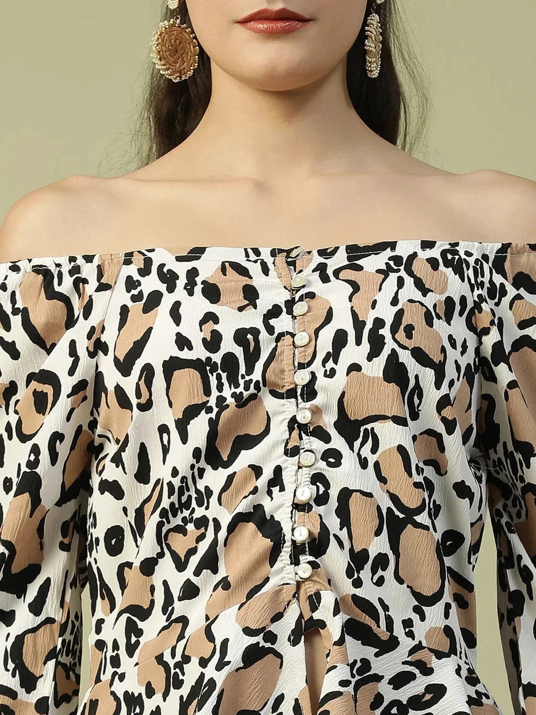 Multicolor Animal Print 3/4 Sleeve Women Off-Shoulder Peplum Top - Image 6