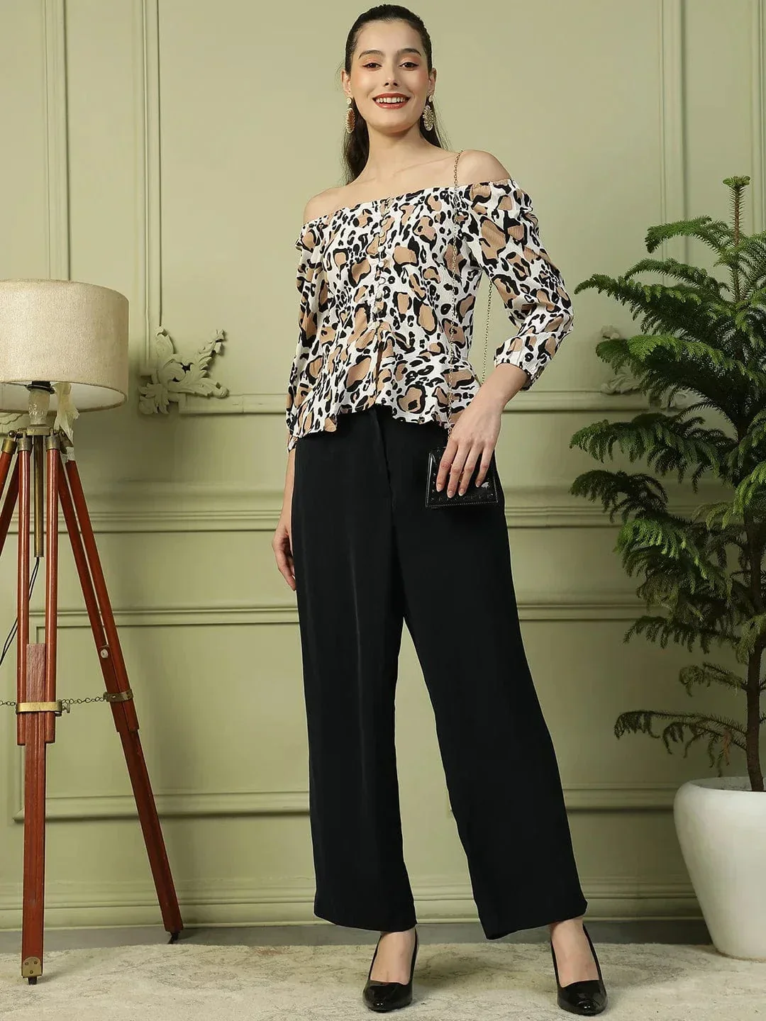 Multicolor Animal Print 3/4 Sleeve Women Off-Shoulder Peplum Top - Image 7