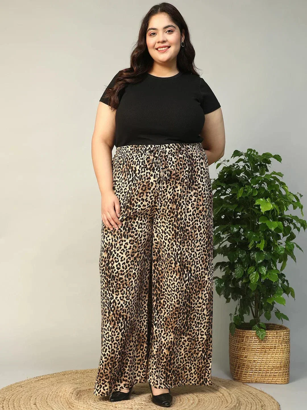 Multicolor Animal Print Elasticated With Tie-Up Detail Plus Size Women Flare Pant