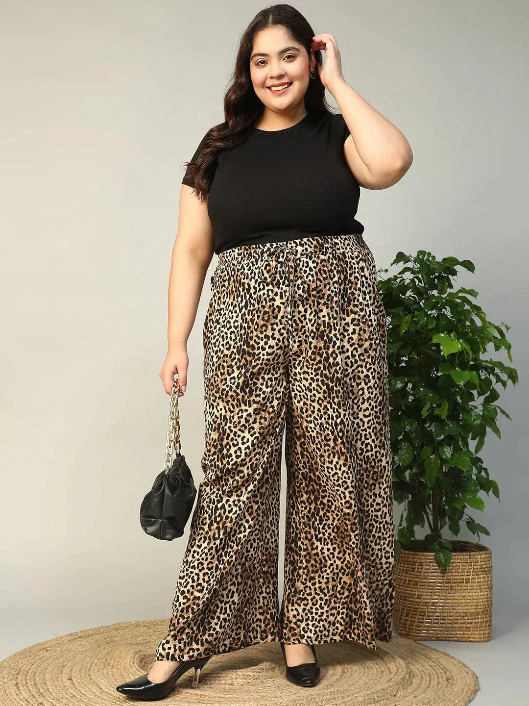 Multicolor Animal Print Elasticated With Tie-Up Detail Plus Size Women Flare Pant - Image 7