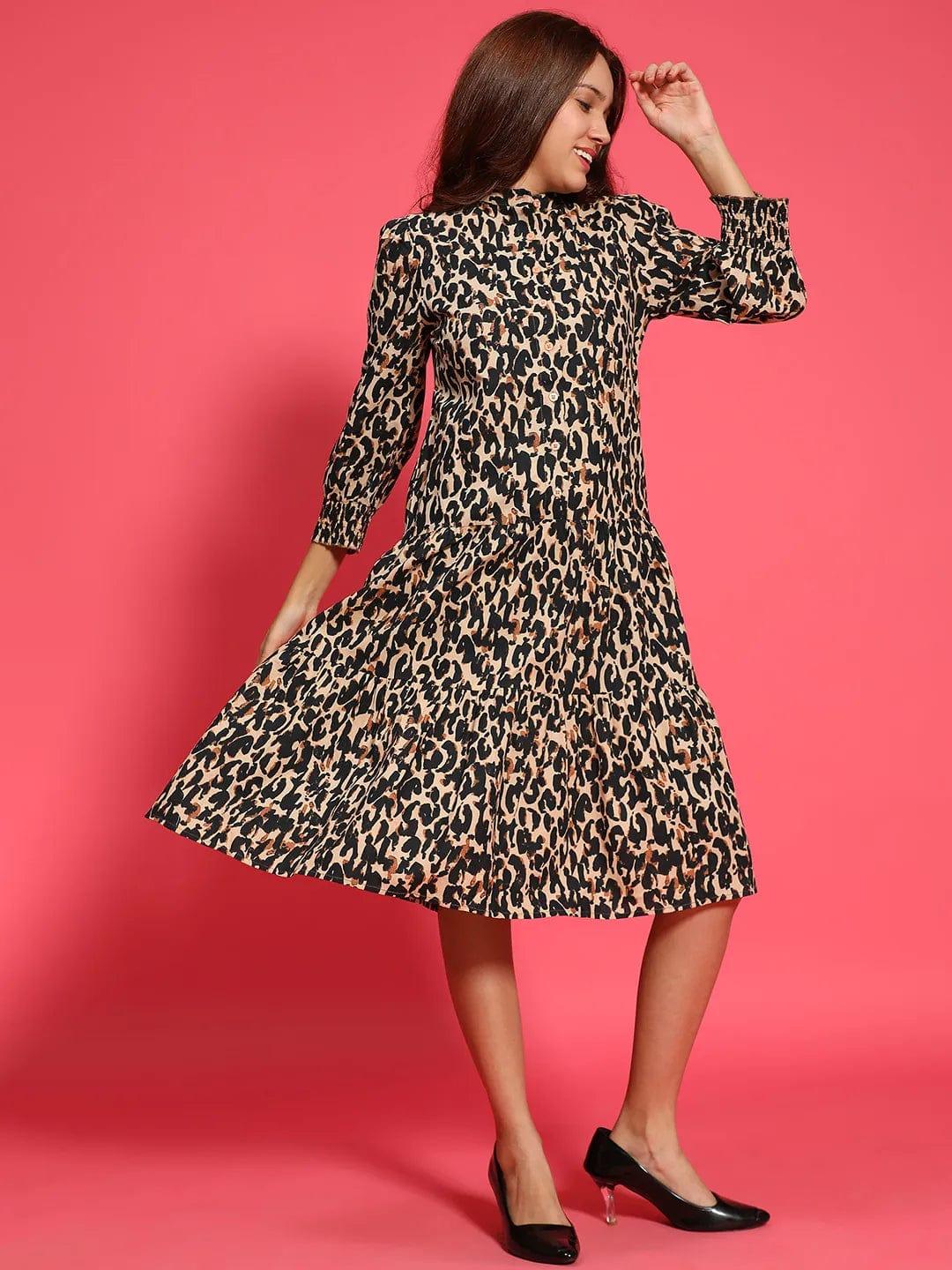Multicolor Animal Print  Mandarin Collar Long Sleeve Button Down Women Cotton Shirt Women Dress - Image 4