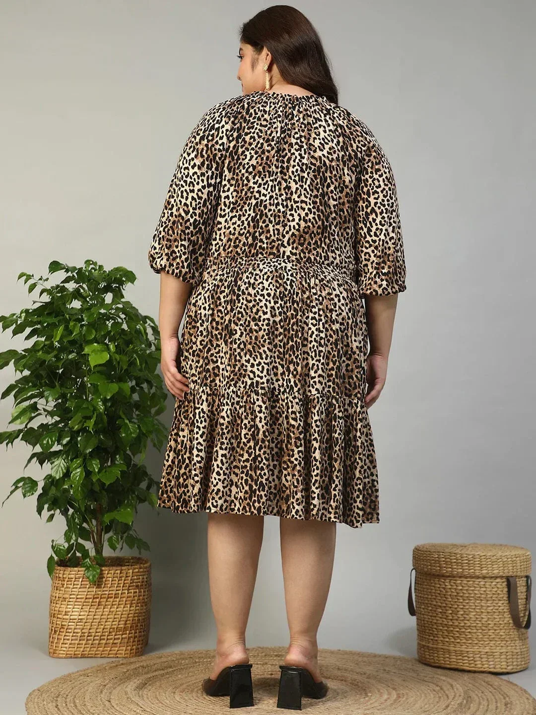 Multicolor Animal Print Tie-Up Detail Elasticated 3/4 Length Sleeve Plus Size Women Dress - Image 5