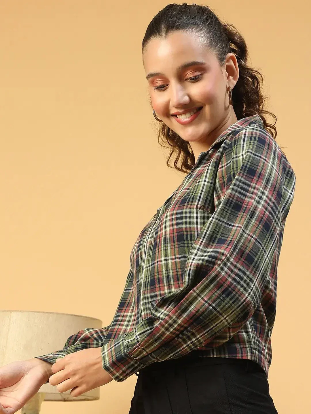 Multicolor Check Print Long Sleeve Open Collared Button Down Women Crop Shirt - Image 3