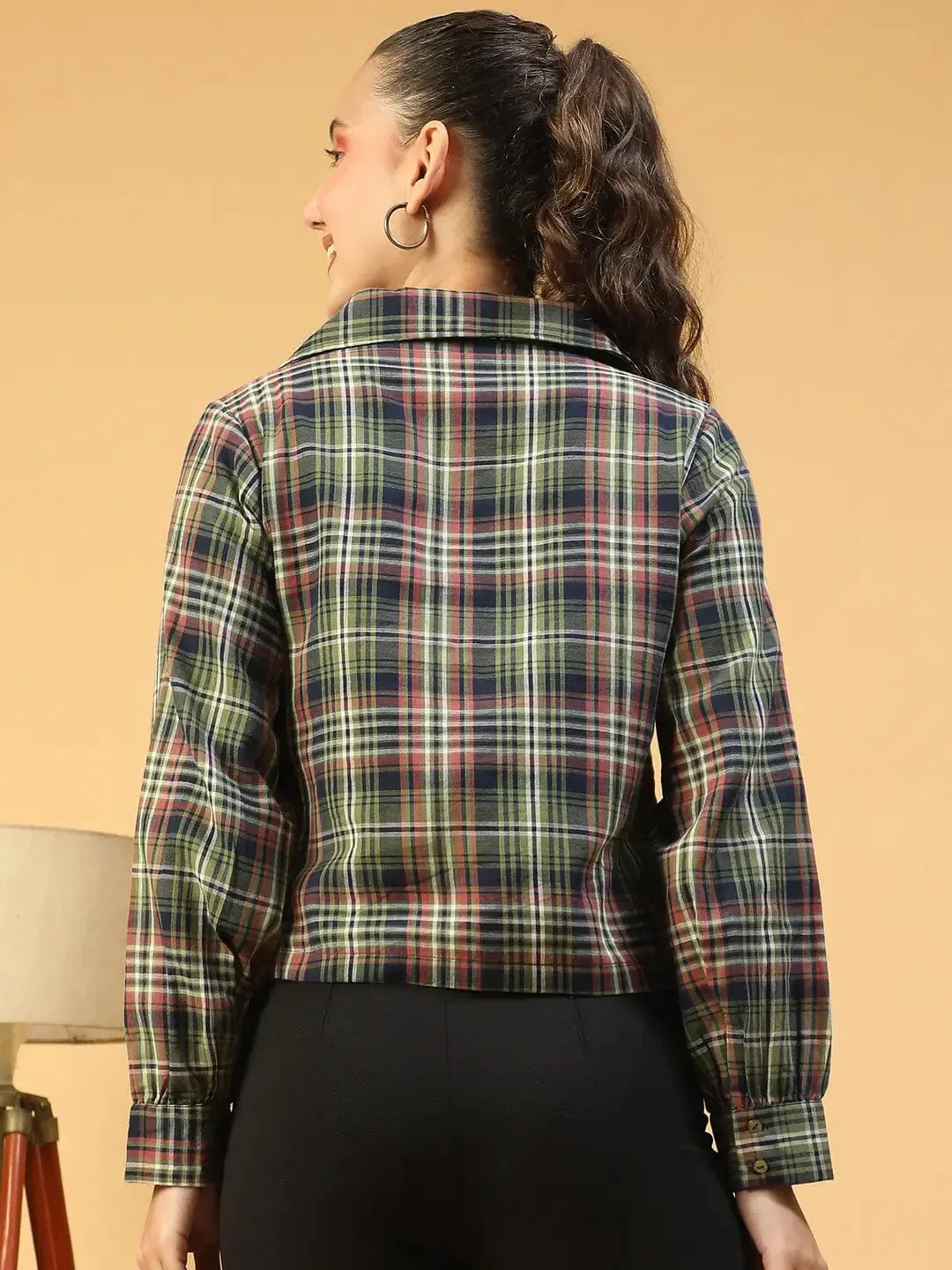 Multicolor Check Print Long Sleeve Open Collared Button Down Women Crop Shirt - Image 5