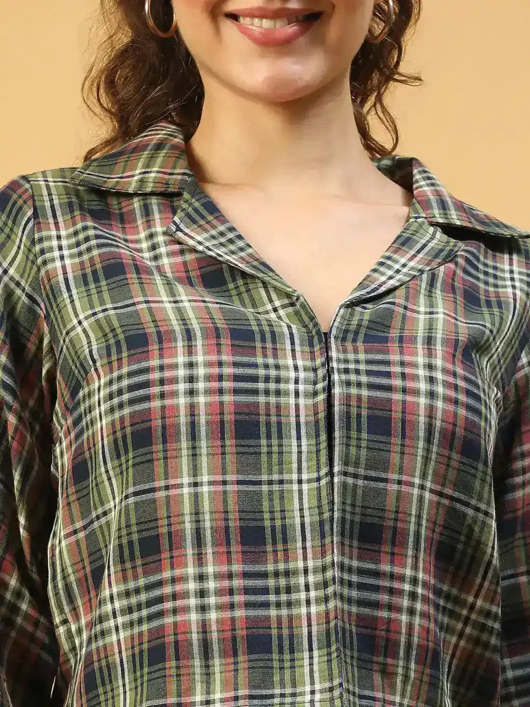 Multicolor Check Print Long Sleeve Open Collared Button Down Women Crop Shirt - Image 6