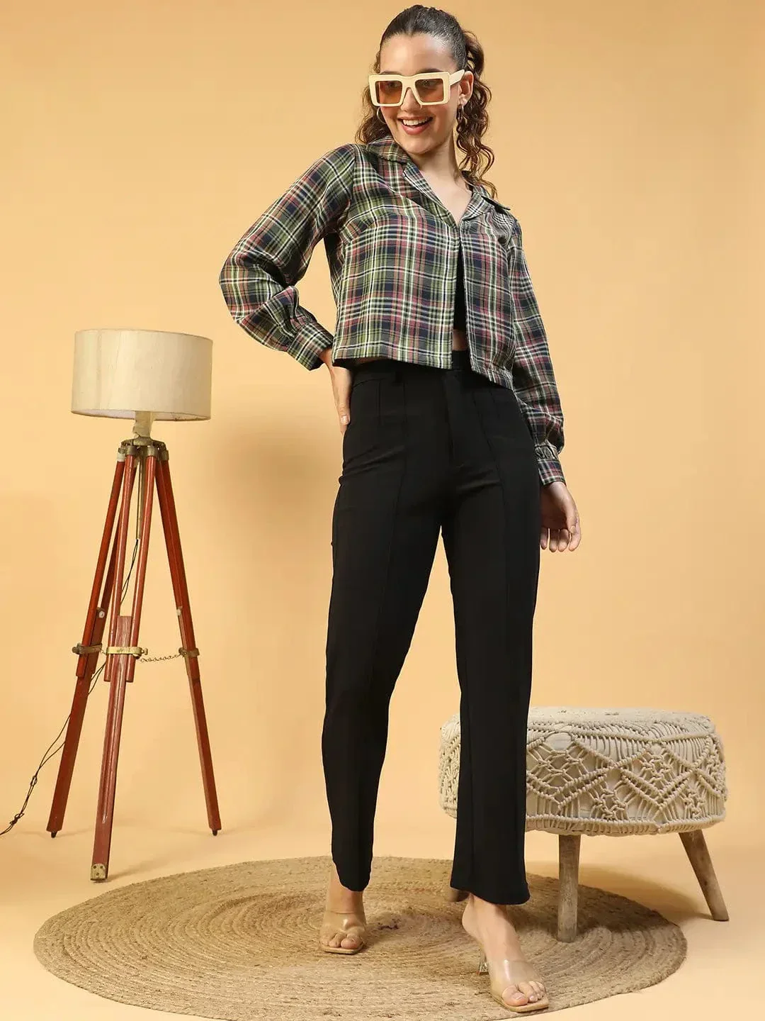Multicolor Check Print Long Sleeve Open Collared Button Down Women Crop Shirt - Image 7