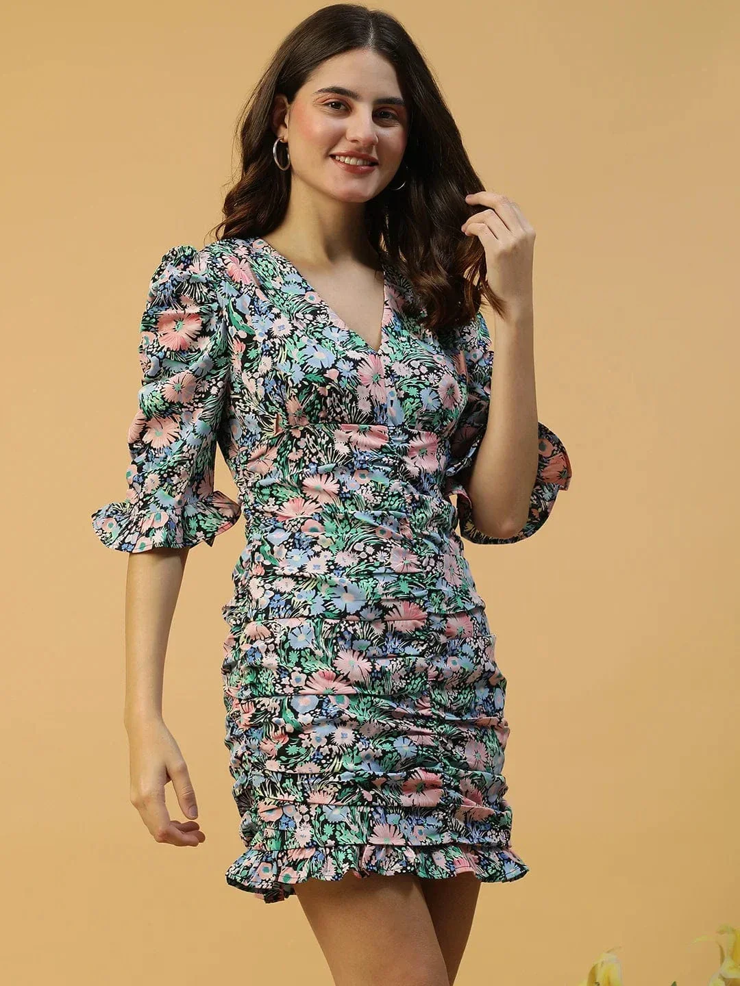Multicolor Floral Print Chic Blue Gathered & Ruffle Detail Women Dress - Image 4