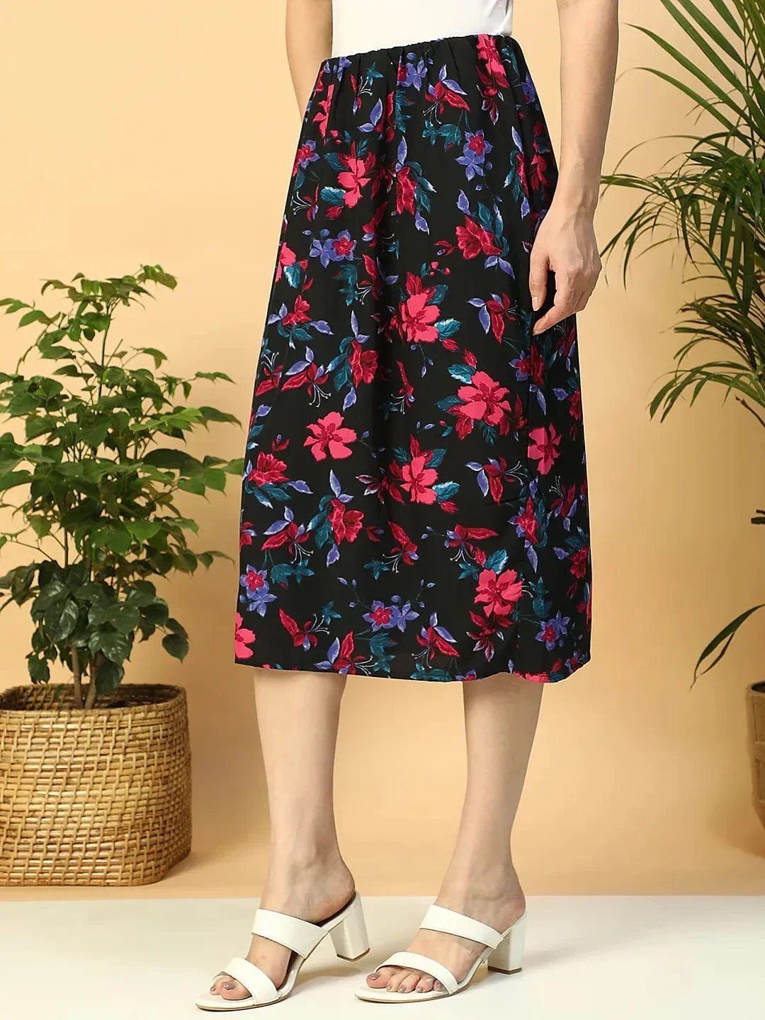 Multicolor Floral Print Elasticated Knee Length Women Satin Skirt - Image 3