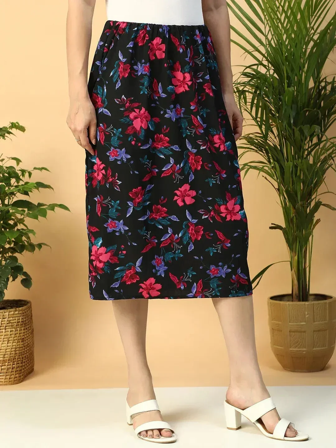 Multicolor Floral Print Elasticated Knee Length Women Satin Skirt - Image 4