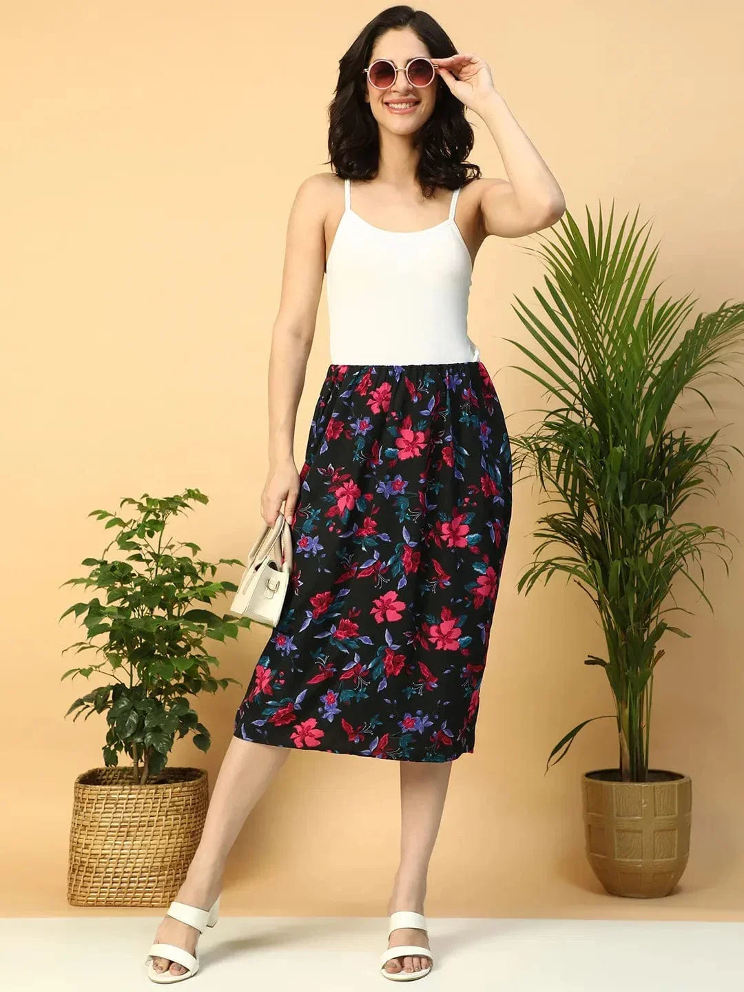 Multicolor Floral Print Elasticated Knee Length Women Satin Skirt - Image 7