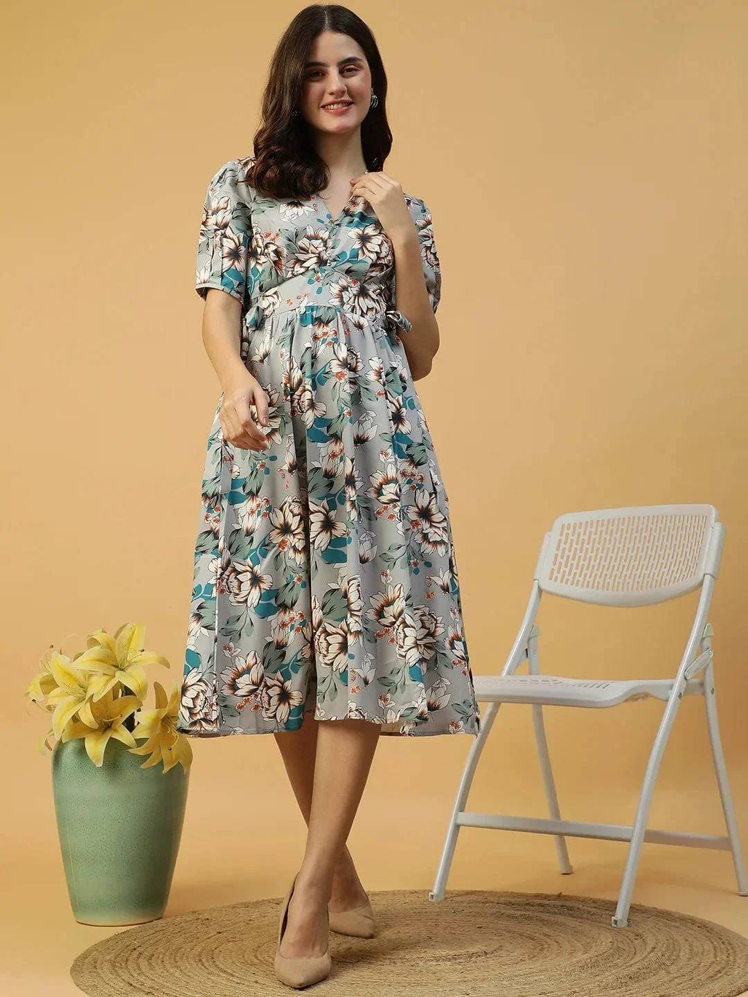 Multicolor Floral Print Elasticated With Tie-Up Detail Women Dress - Image 2