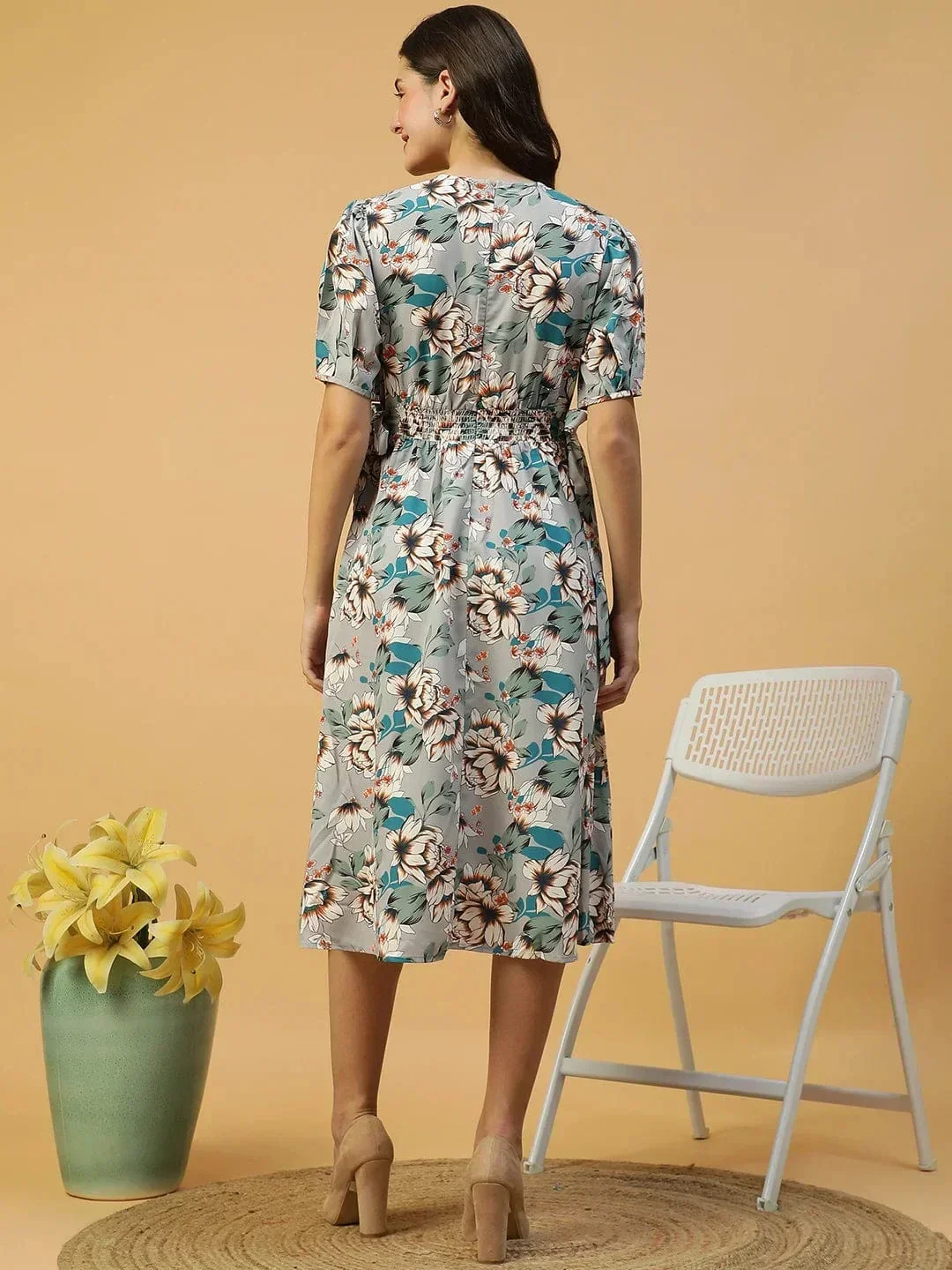 Multicolor Floral Print Elasticated With Tie-Up Detail Women Dress - Image 6