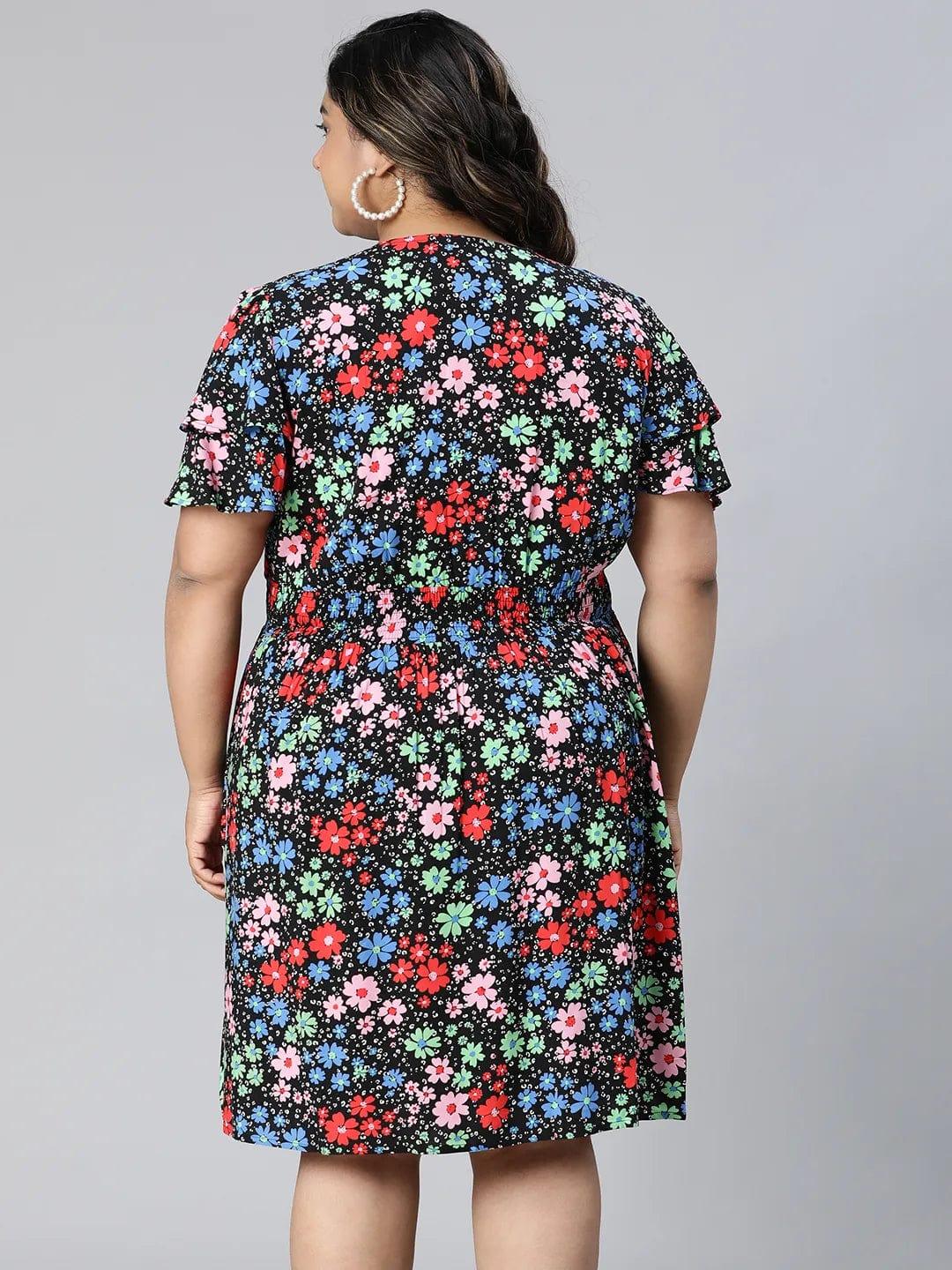 Multicolor Floral Print Knee-Length Plus Size Curvy Dress - Image 5