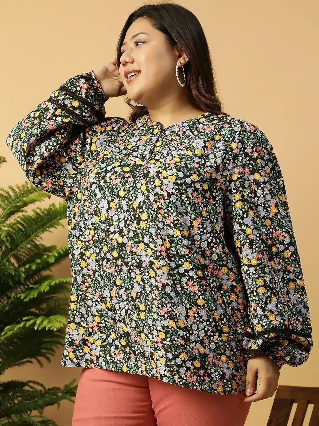Multicolor Floral Print Long Sleeve Plus Size Women Shirt Top - Image 3