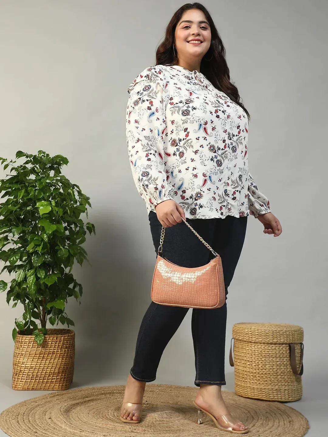 Multicolor Floral Print Round Neck With Tie-Up Detail Long Sleeve Ruffle Flair Plus Size Women Top - Image 6