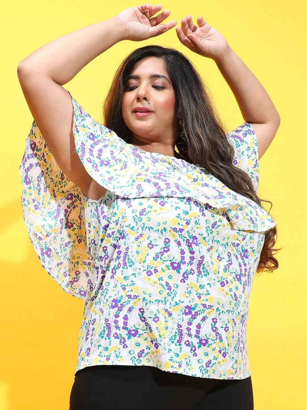 Multicolor Floral Print Ruffle Detail Off-Shoulder Plus Size Loopy Top - Image 7