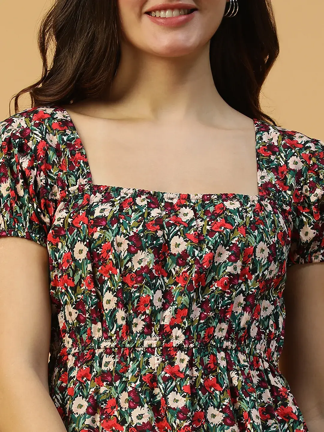 Multicolor Floral Print Short Sleeve Elasticated Women midi dress - Image 2