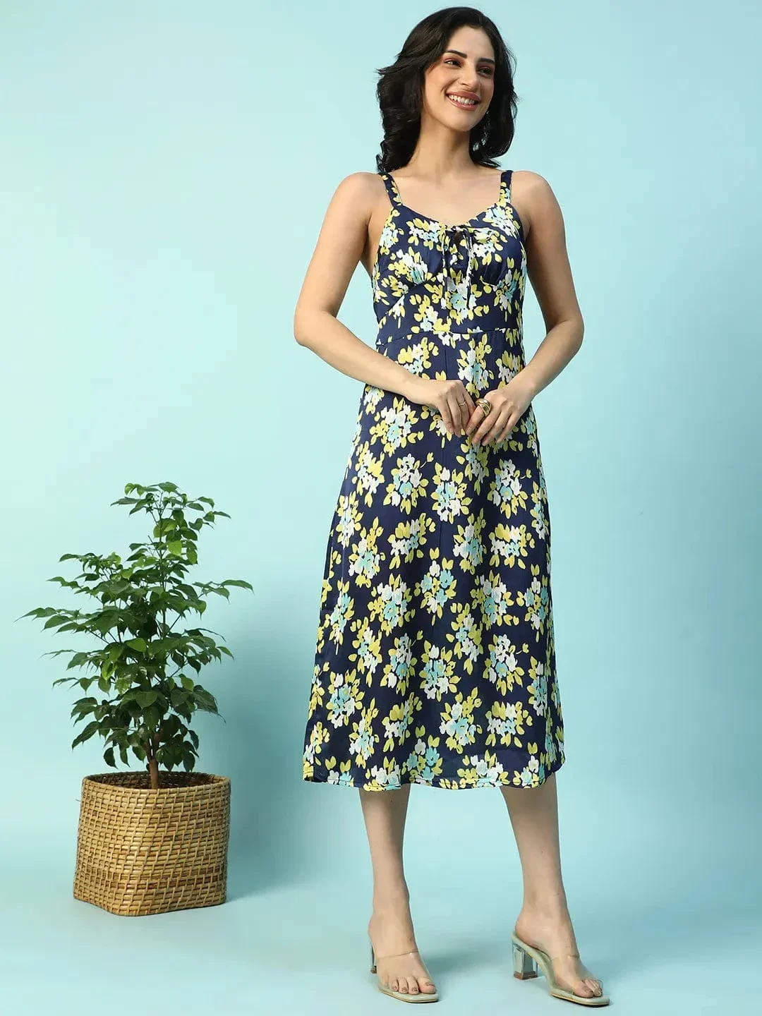 Multicolor Floral Print Shoulder Strap Sleeveless Women Satin Dress - Image 4